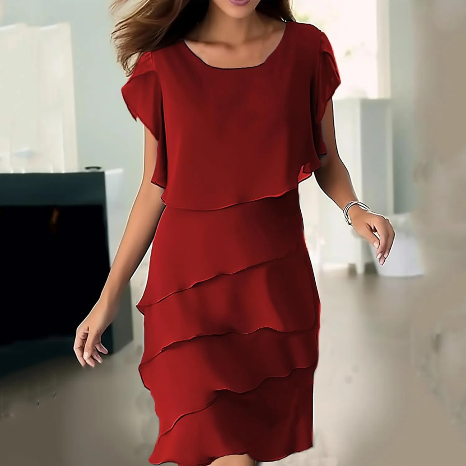 Women's Flowy Chiffon Tiered Midi Dress Summer Elegant Short Sleeve Layered Cocktail Dresses Evening Gown Wedding Guest Dress