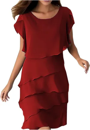 Women's Flowy Chiffon Tiered Midi Dress Summer Elegant Short Sleeve Layered Cocktail Dresses Evening Gown Wedding Guest Dress