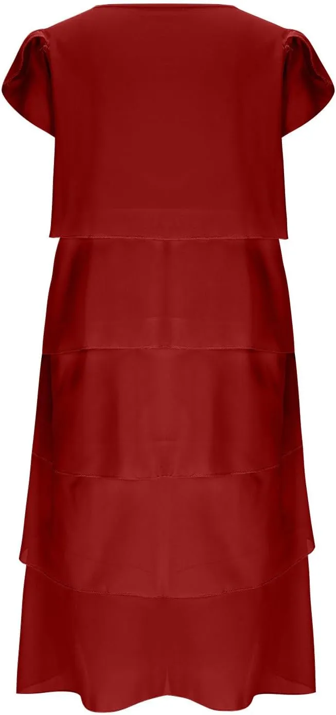 Women's Flowy Chiffon Tiered Midi Dress Summer Elegant Short Sleeve Layered Cocktail Dresses Evening Gown Wedding Guest Dress