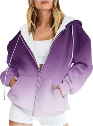 Womens Full Zip Up Sweatshirts Tid Dye Print Hoodies Long Sleeve Casual Jackets Winter Outfits 2024 With Pockets