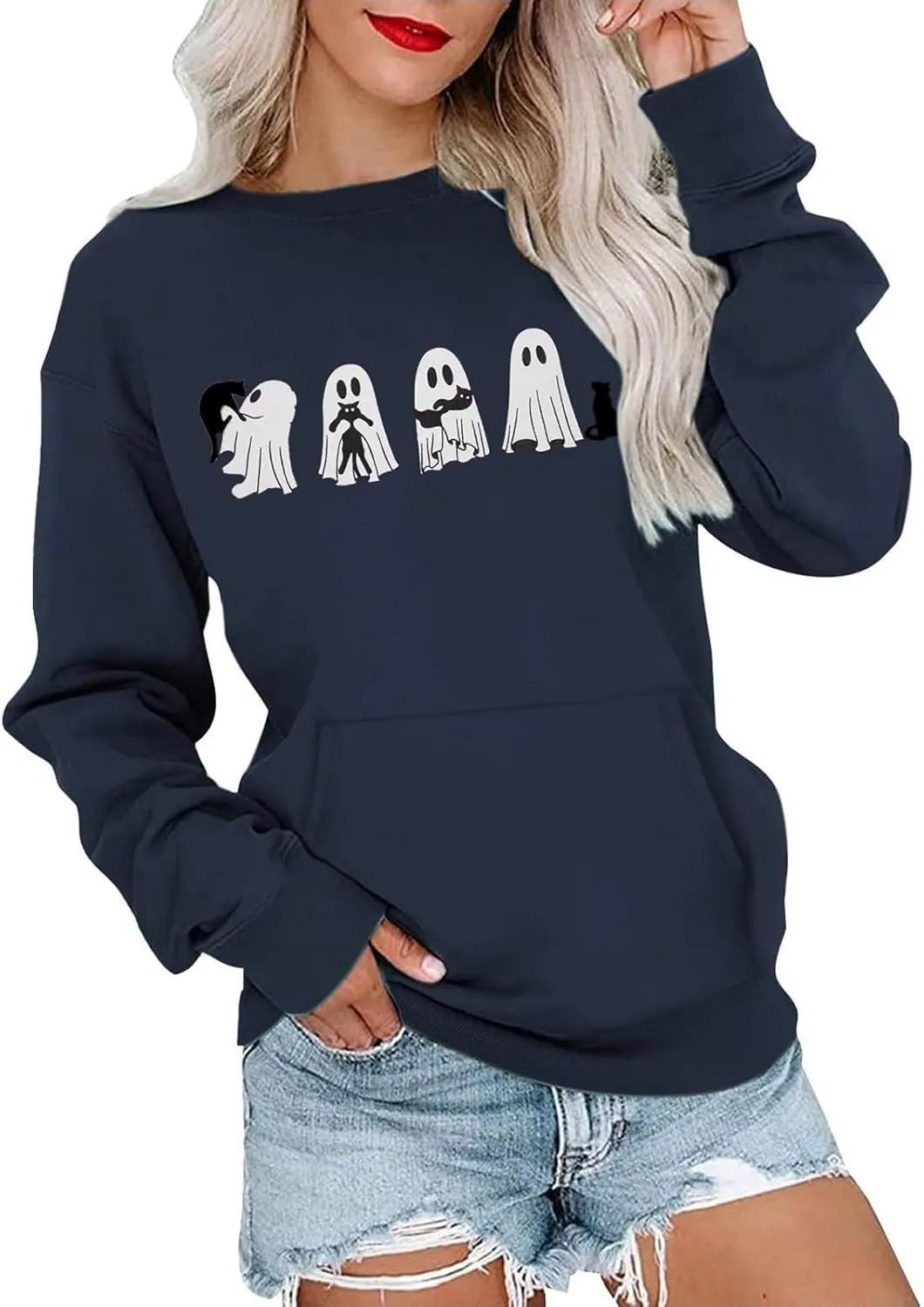 Womens Halooween Sweatshirt Regular Fit Cute Graphic Long Sleeve Crewneck Pullover Tunics Casual Fall Lightweight Top
