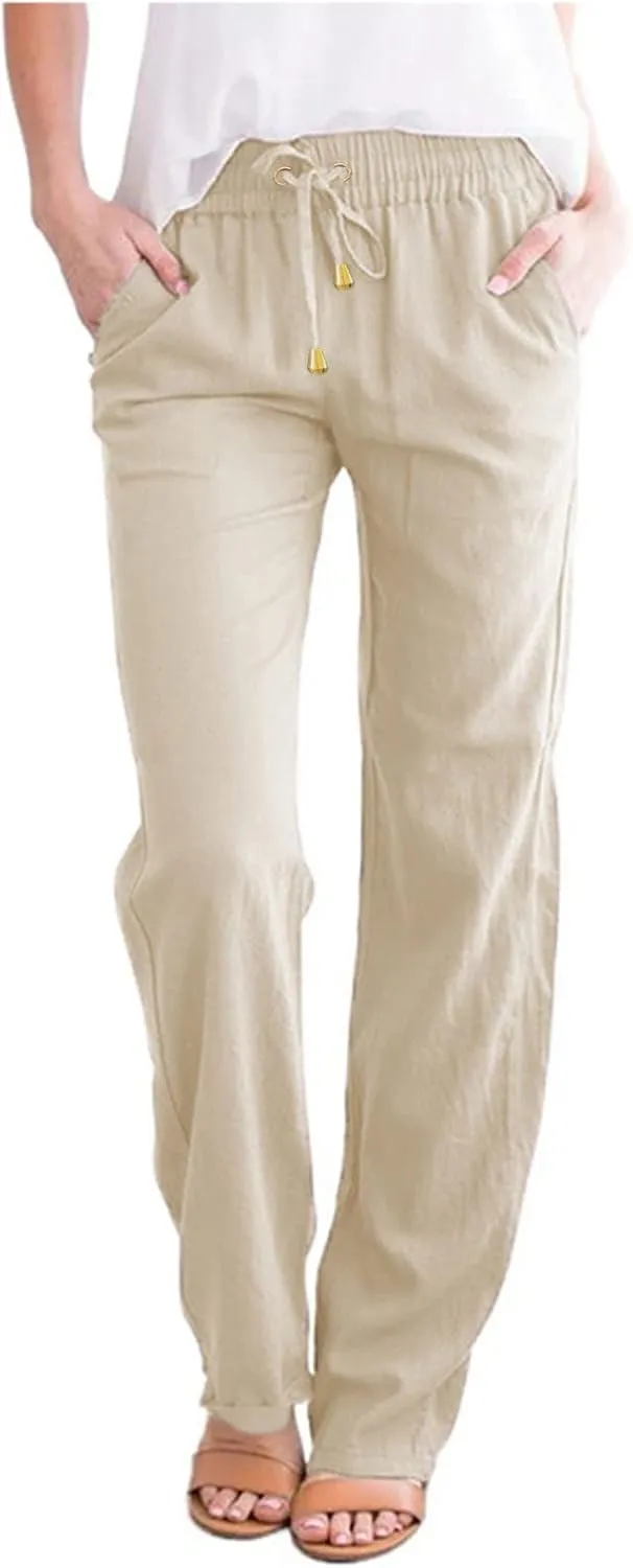 Womens High Waist Cotton Linen Pants Straight Leg Casual Loose Summer Beach Lightweight Drawstring Comfy Lounge Pants