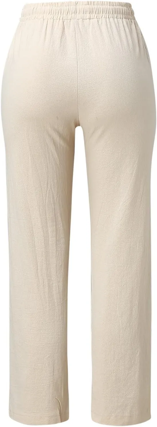 Womens High Waist Cotton Linen Pants Straight Leg Casual Loose Summer Beach Lightweight Drawstring Comfy Lounge Pants