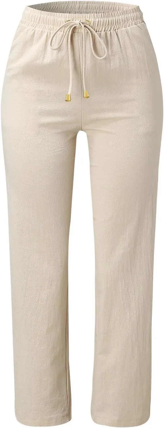 Womens High Waist Cotton Linen Pants Straight Leg Casual Loose Summer Beach Lightweight Drawstring Comfy Lounge Pants