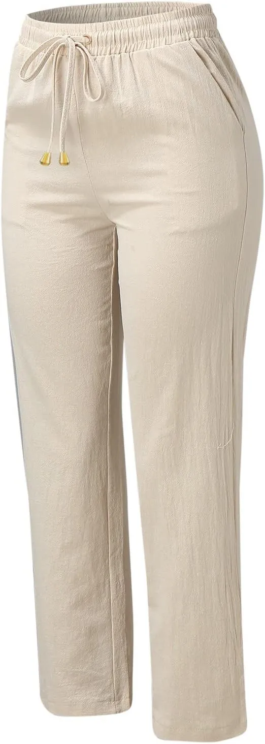 Womens High Waist Cotton Linen Pants Straight Leg Casual Loose Summer Beach Lightweight Drawstring Comfy Lounge Pants