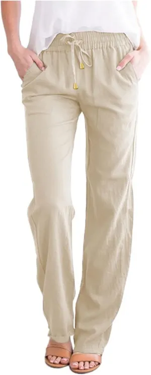 Womens High Waist Cotton Linen Pants Straight Leg Casual Loose Summer Beach Lightweight Drawstring Comfy Lounge Pants