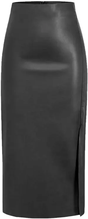 Women's High Waisted Faux Leather Side Slit Skirt PU Leather Bodycon Split Thigh Long Skirt