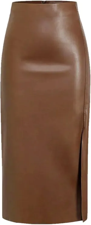 Women's High Waisted Faux Leather Side Slit Skirt PU Leather Bodycon Split Thigh Long Skirt