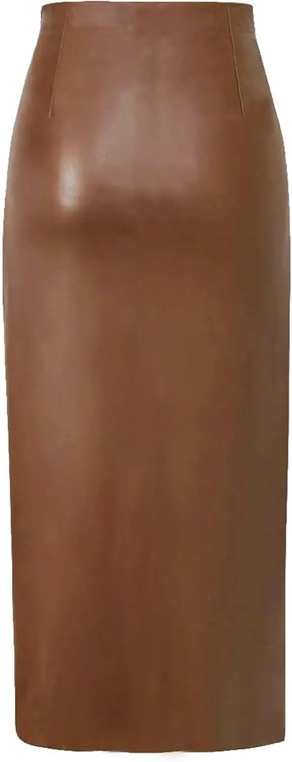Women's High Waisted Faux Leather Side Slit Skirt PU Leather Bodycon Split Thigh Long Skirt