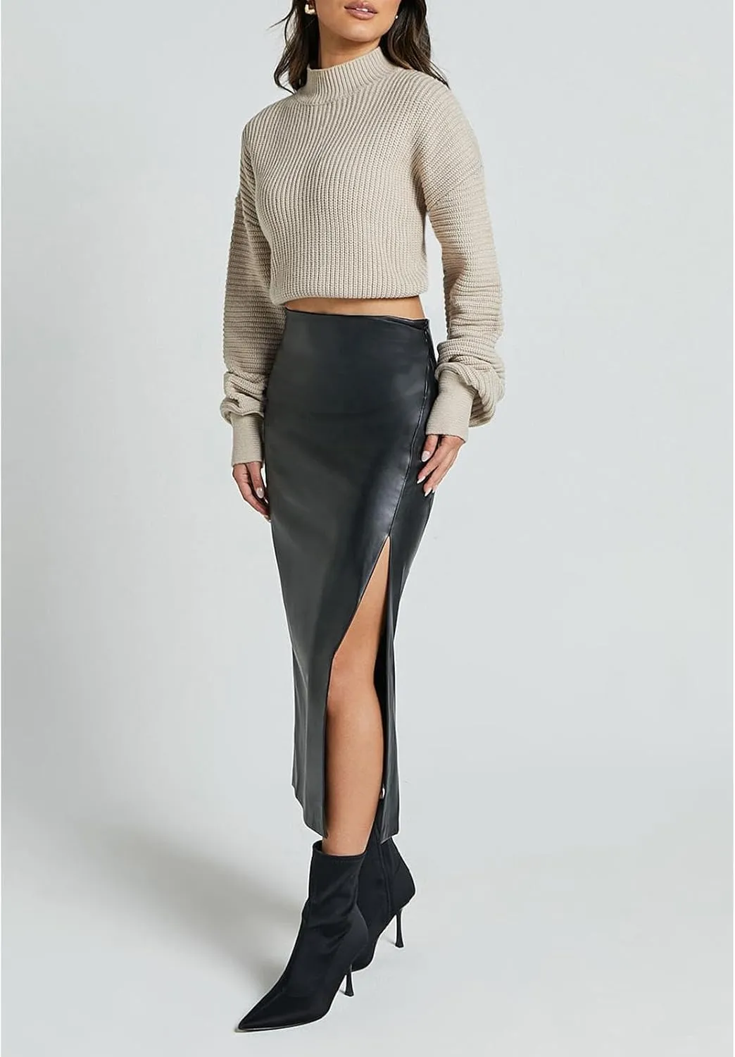 Women's High Waisted Faux Leather Side Slit Skirt PU Leather Bodycon Split Thigh Long Skirt