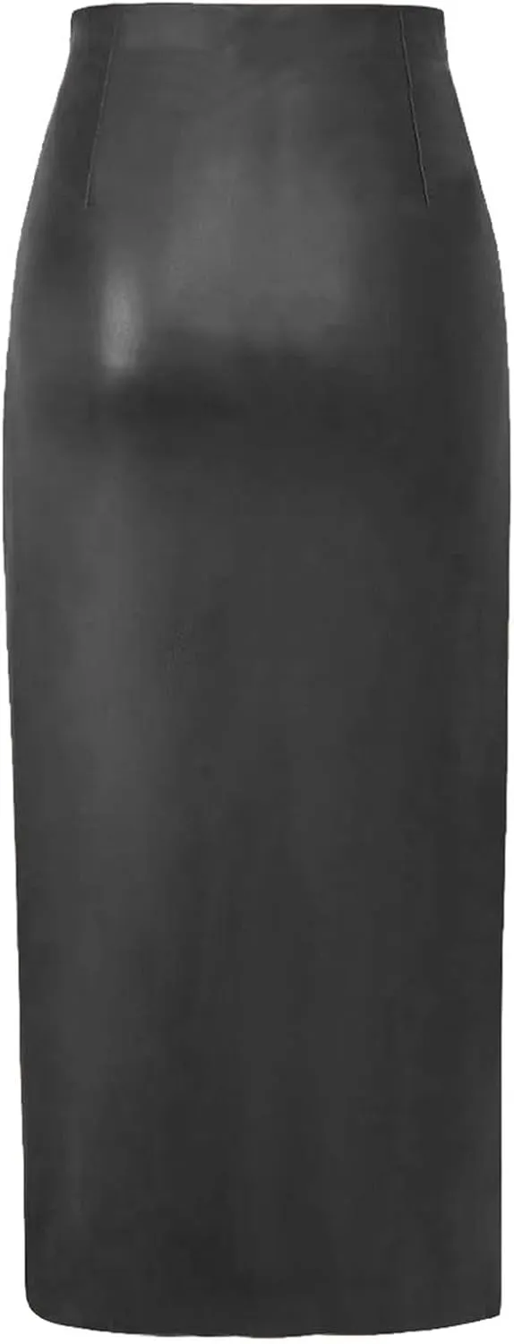 Women's High Waisted Faux Leather Side Slit Skirt PU Leather Bodycon Split Thigh Long Skirt