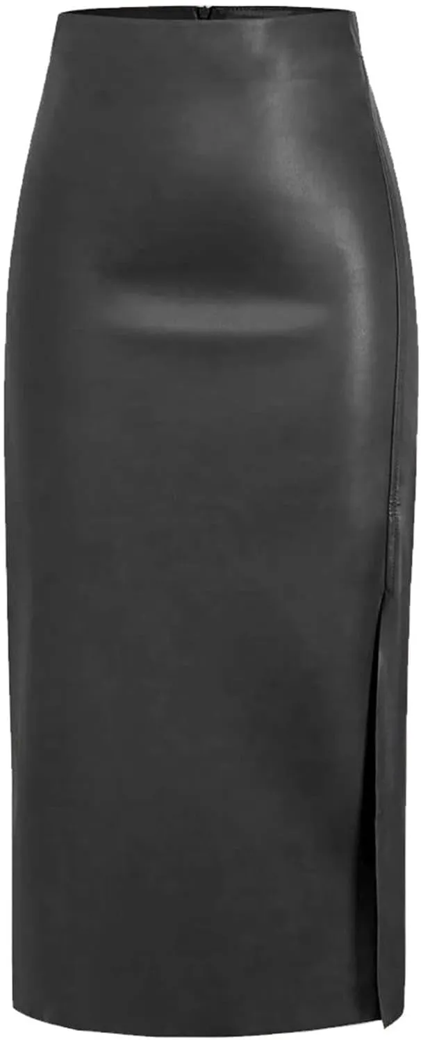 Women's High Waisted Faux Leather Side Slit Skirt PU Leather Bodycon Split Thigh Long Skirt