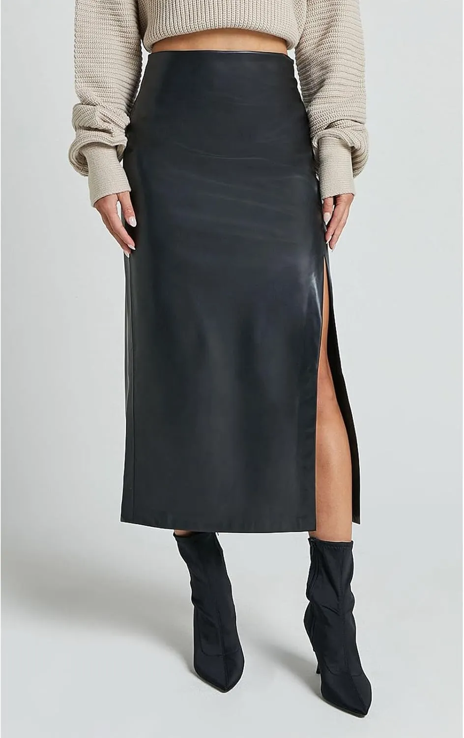 Women's High Waisted Faux Leather Side Slit Skirt PU Leather Bodycon Split Thigh Long Skirt