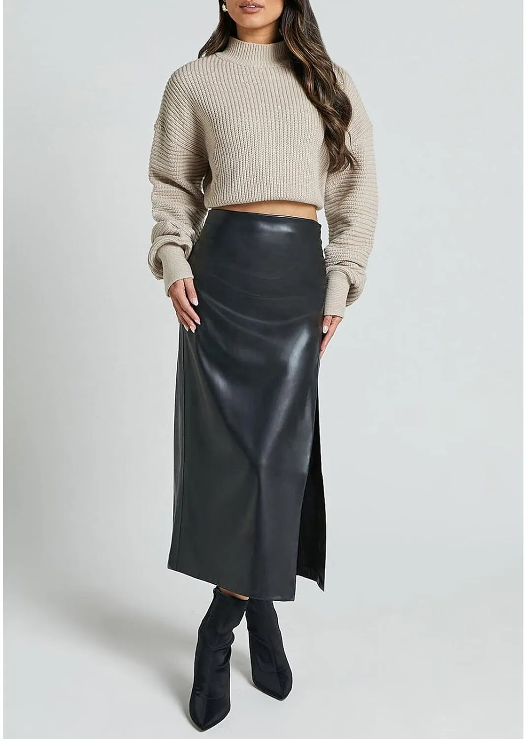 Women's High Waisted Faux Leather Side Slit Skirt PU Leather Bodycon Split Thigh Long Skirt