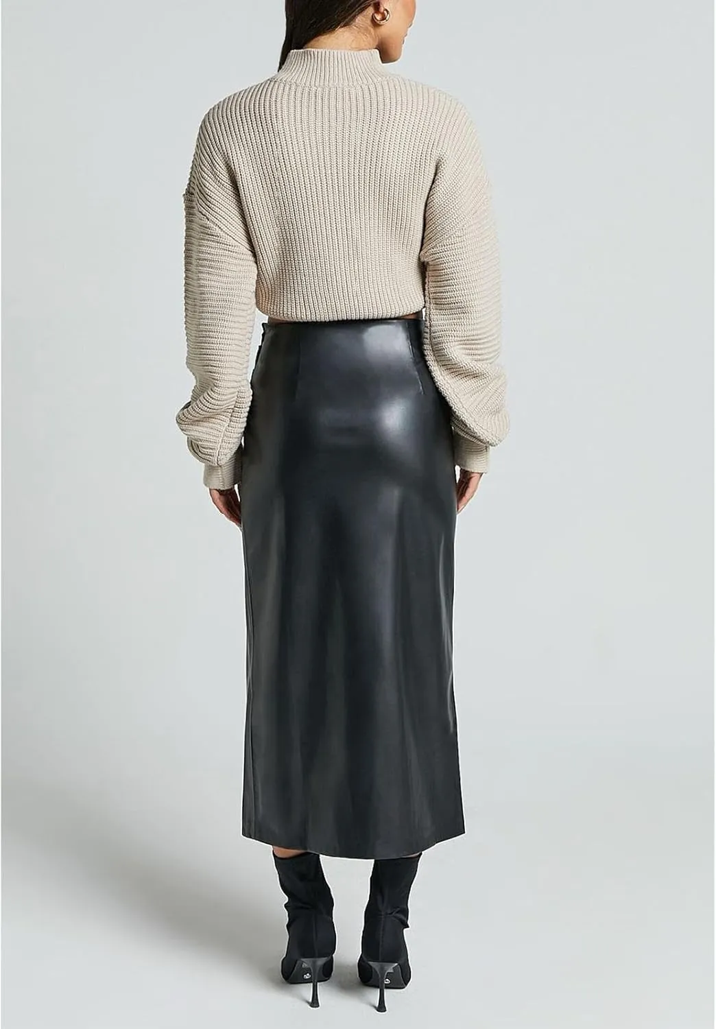 Women's High Waisted Faux Leather Side Slit Skirt PU Leather Bodycon Split Thigh Long Skirt