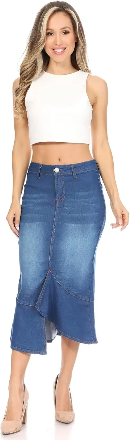 Womens Juniors/Plus Size High Waist Long/Knee Length Midi Pencil Denim Skirt