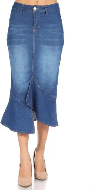 Womens Juniors/Plus Size High Waist Long/Knee Length Midi Pencil Denim Skirt