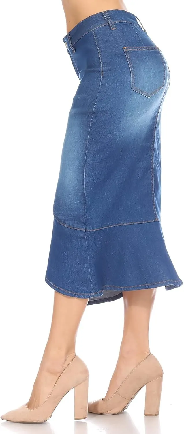 Womens Juniors/Plus Size High Waist Long/Knee Length Midi Pencil Denim Skirt