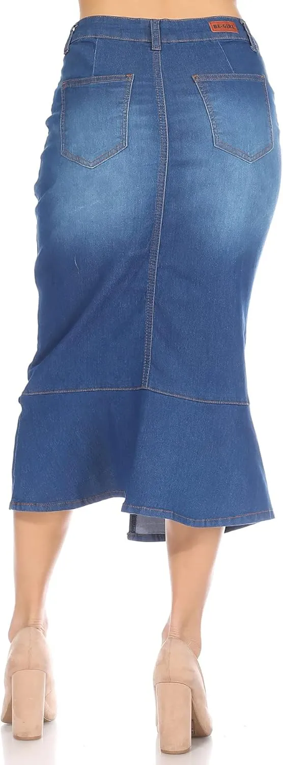 Womens Juniors/Plus Size High Waist Long/Knee Length Midi Pencil Denim Skirt