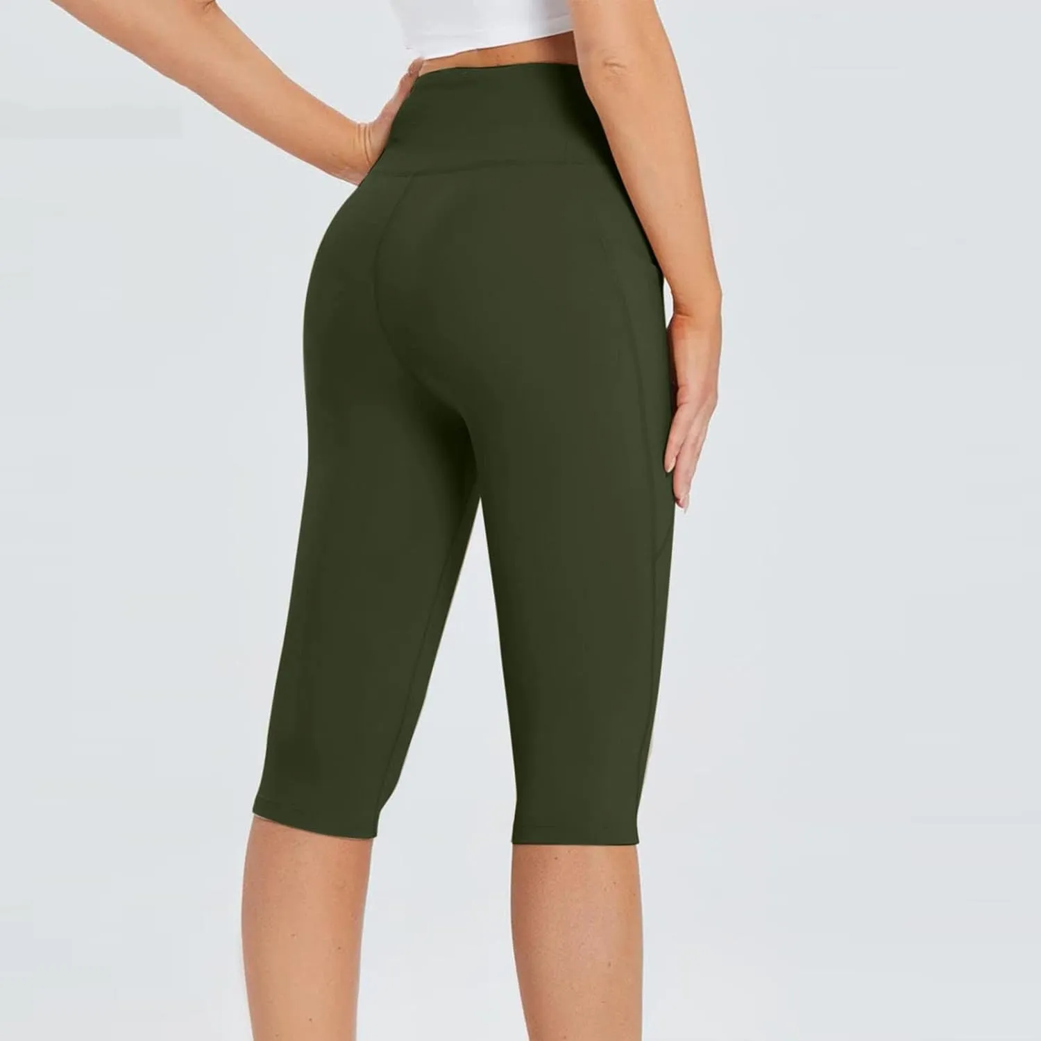 Women's Knee Length Leggings Ladies High Waisted Yoga Pants Summer Stretch Shorts Capris Trousers Cropped Pants