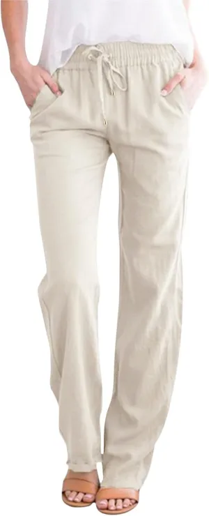 Women's Linen Pants Casual Summer Loose Beach Solid Color Plus Size High Waist Linen Pants Elastic Waist Streetwear Trousers