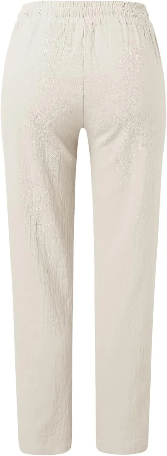 Women's Linen Pants Casual Summer Loose Beach Solid Color Plus Size High Waist Linen Pants Elastic Waist Streetwear Trousers
