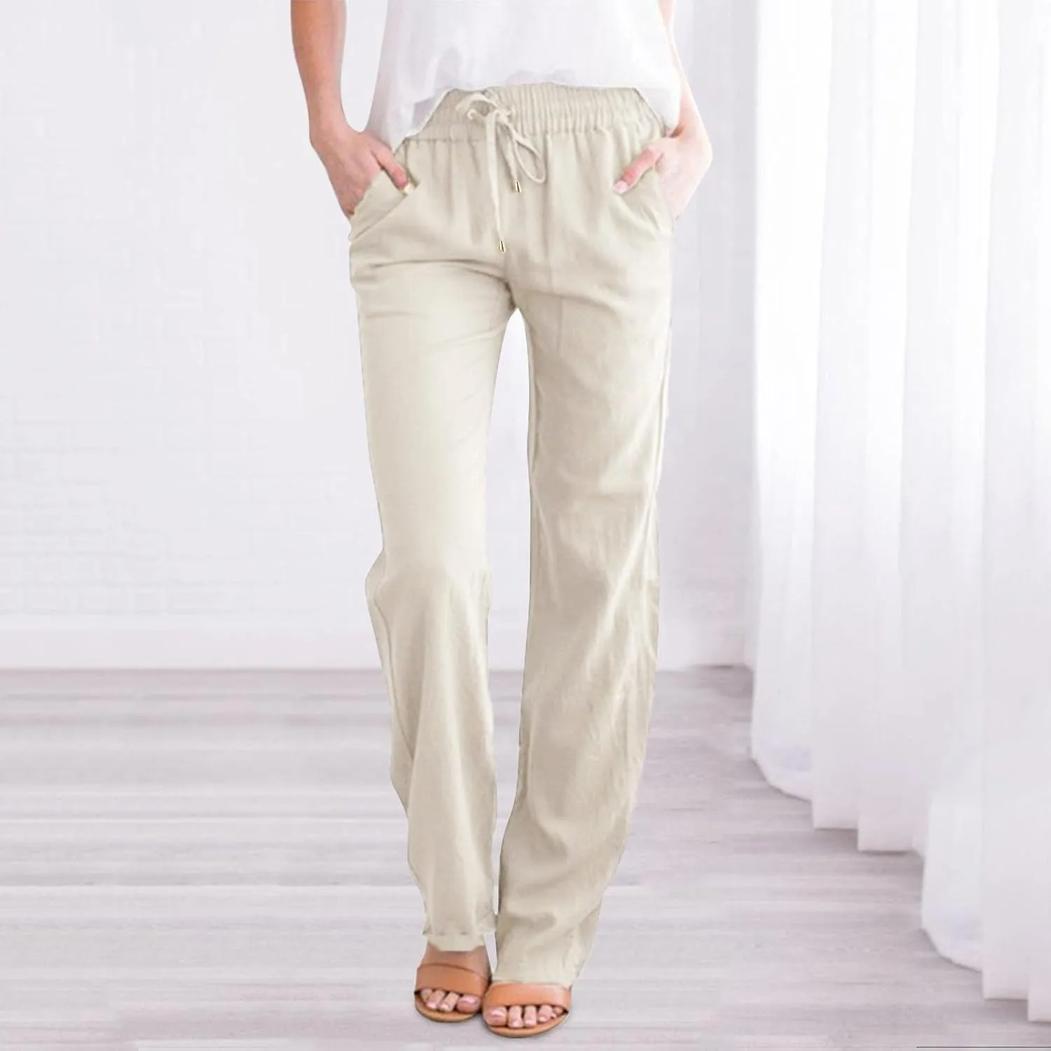 Women's Linen Pants Casual Summer Loose Beach Solid Color Plus Size High Waist Linen Pants Elastic Waist Streetwear Trousers