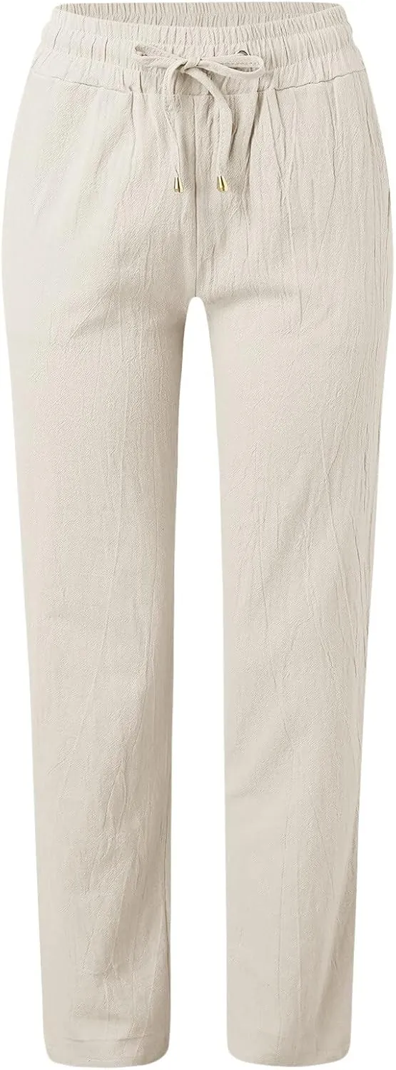 Women's Linen Pants Casual Summer Loose Beach Solid Color Plus Size High Waist Linen Pants Elastic Waist Streetwear Trousers