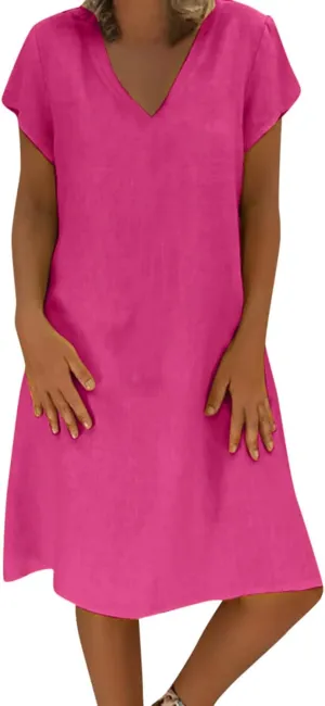 Womens Linen Shirt Dresses Casual Short Sleeve Summer Midi Dress Plus Size V Neck Sundress Beach Vacation Outfits