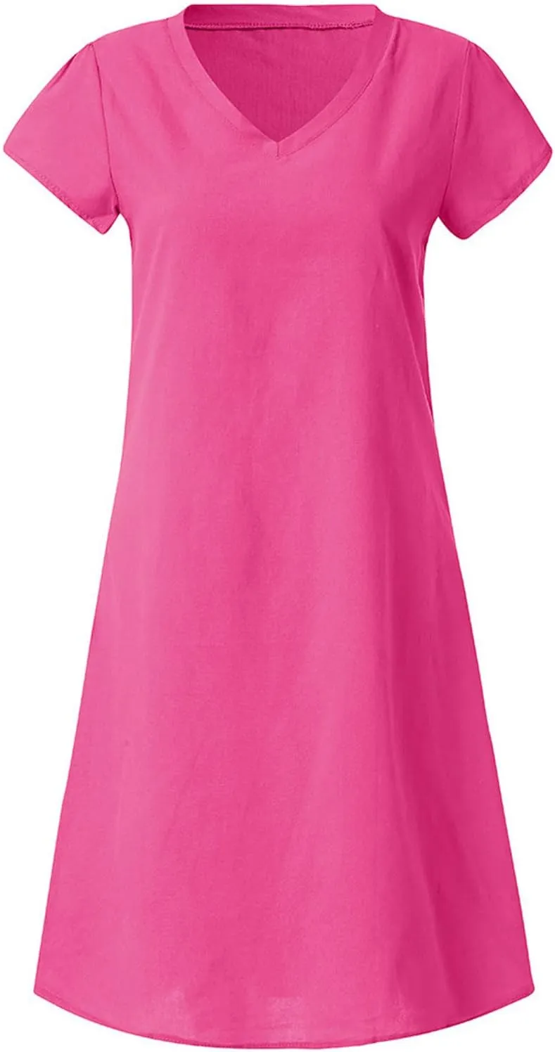 Womens Linen Shirt Dresses Casual Short Sleeve Summer Midi Dress Plus Size V Neck Sundress Beach Vacation Outfits