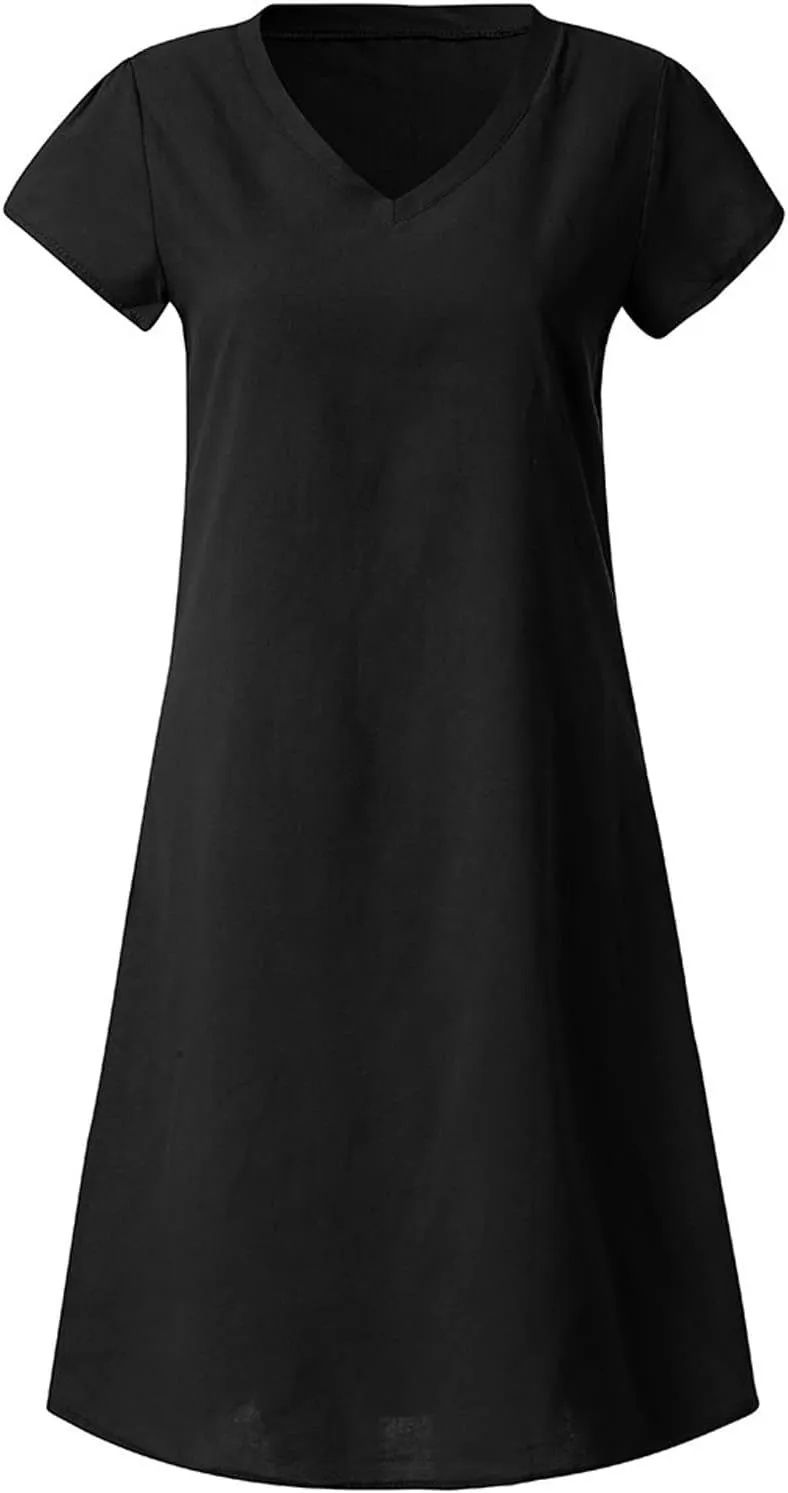 Womens Linen Shirt Dresses Casual Short Sleeve Summer Midi Dress Plus Size V Neck Sundress Beach Vacation Outfits