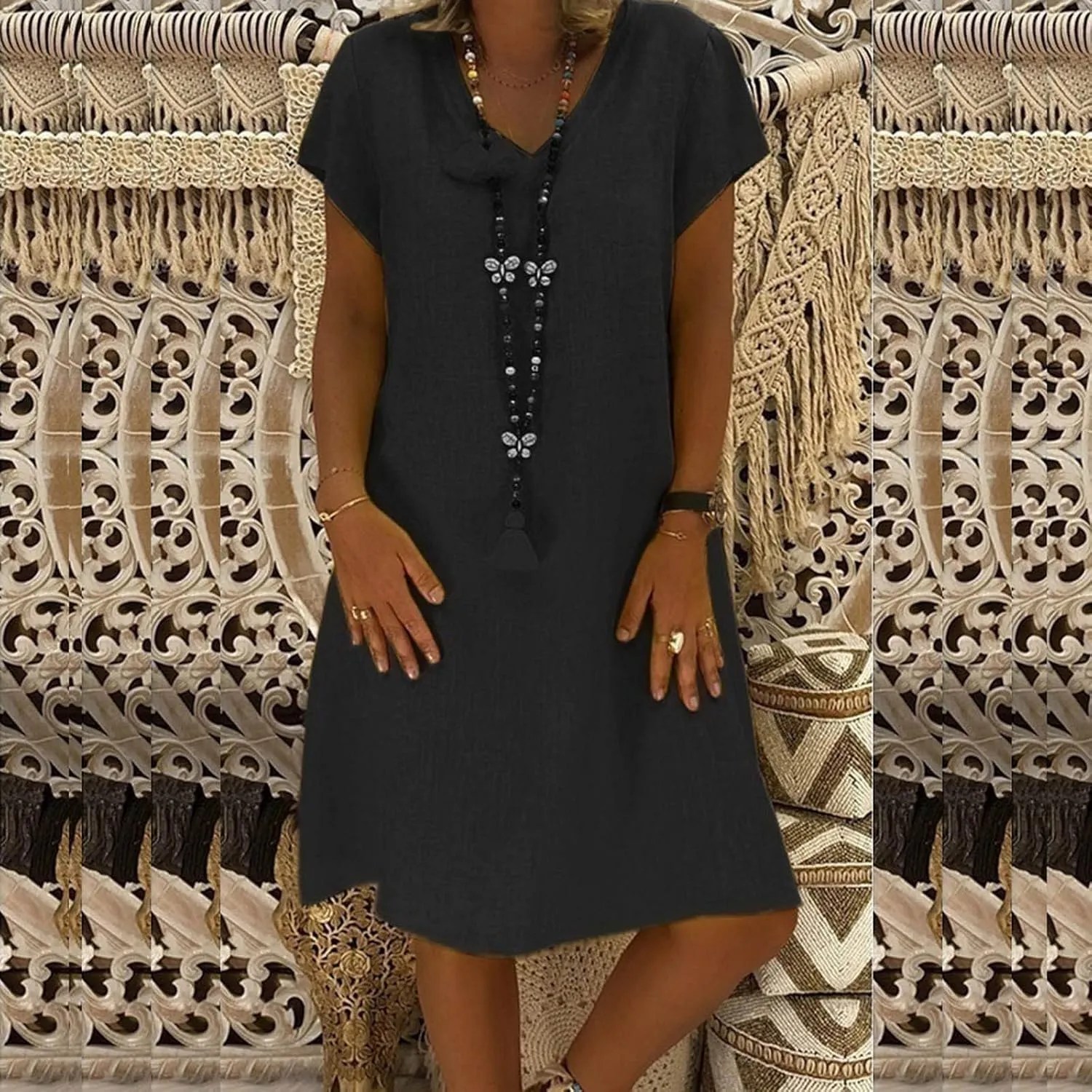 Womens Linen Shirt Dresses Casual Short Sleeve Summer Midi Dress Plus Size V Neck Sundress Beach Vacation Outfits