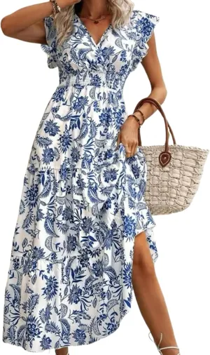 Womens Midi Dress Sleeveless V-Neck Blue Paisley Print Ruffled Elegant Chic 2025 Spring Summer Beach Party Dress