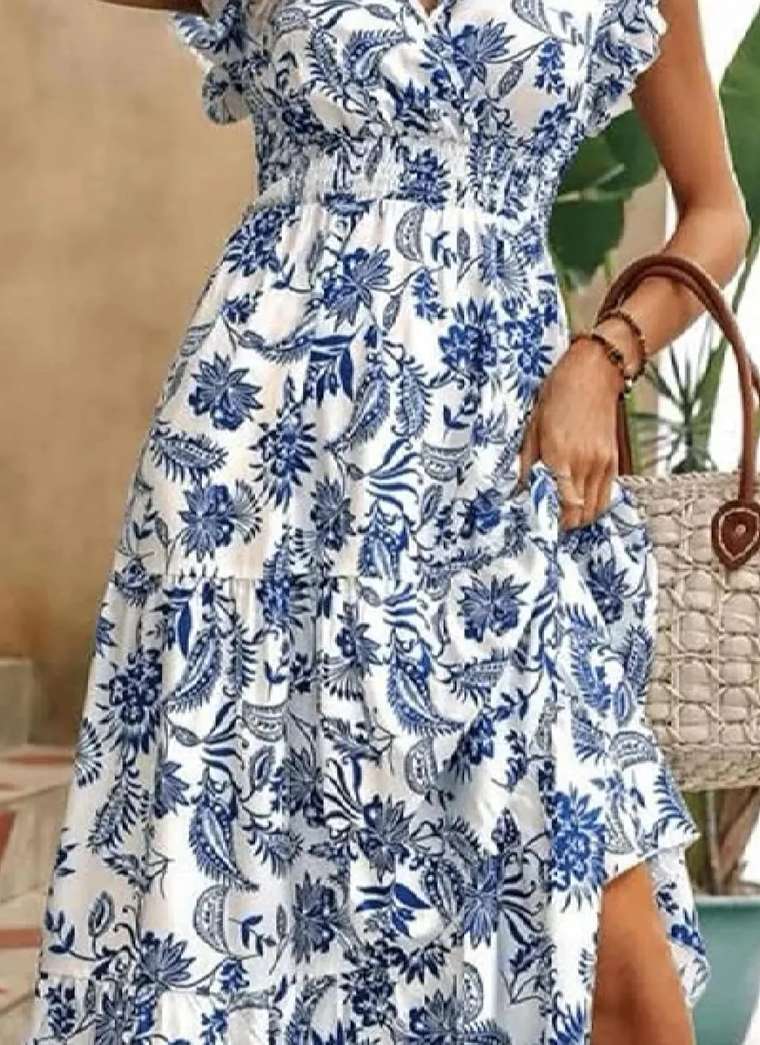 Womens Midi Dress Sleeveless V-Neck Blue Paisley Print Ruffled Elegant Chic 2025 Spring Summer Beach Party Dress