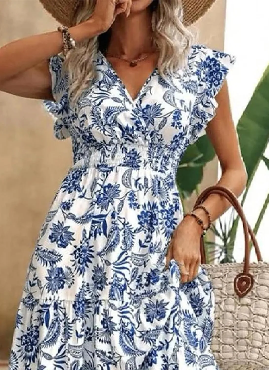 Womens Midi Dress Sleeveless V-Neck Blue Paisley Print Ruffled Elegant Chic 2025 Spring Summer Beach Party Dress