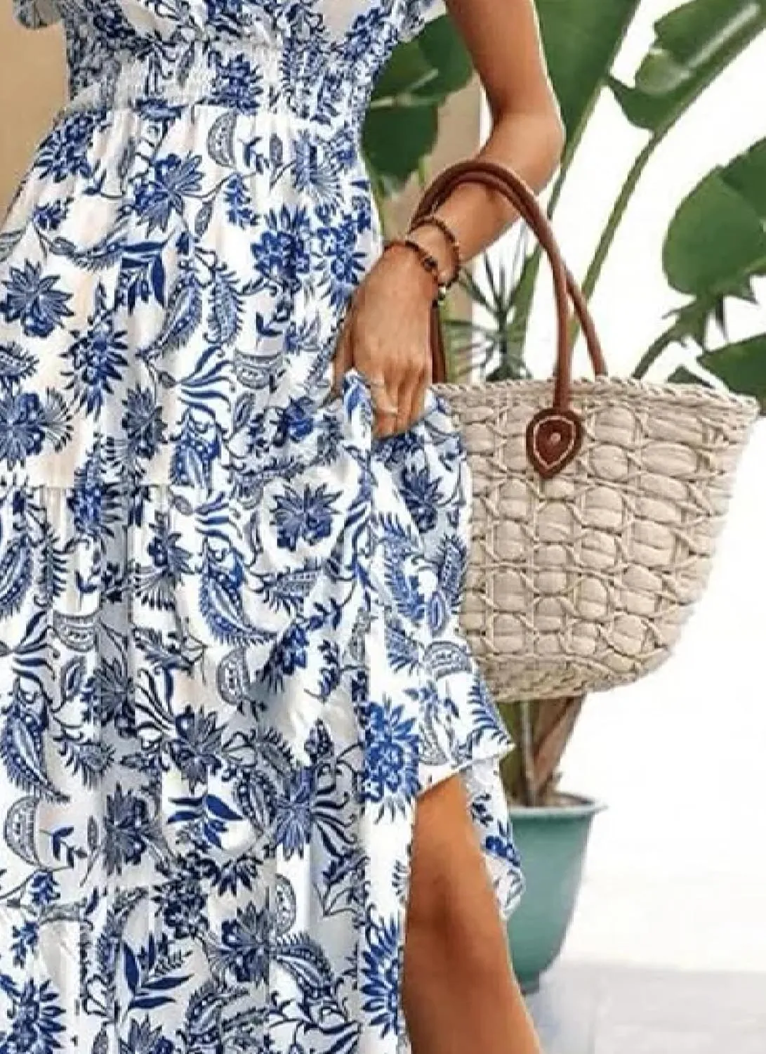 Womens Midi Dress Sleeveless V-Neck Blue Paisley Print Ruffled Elegant Chic 2025 Spring Summer Beach Party Dress