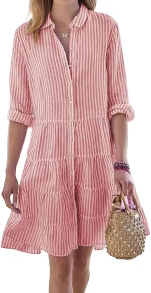 Womens Mini Dress Summer Striped Lapel Button Down Long Sleeve Dresses Casual Tummy Control A Lien Beach Sundress
