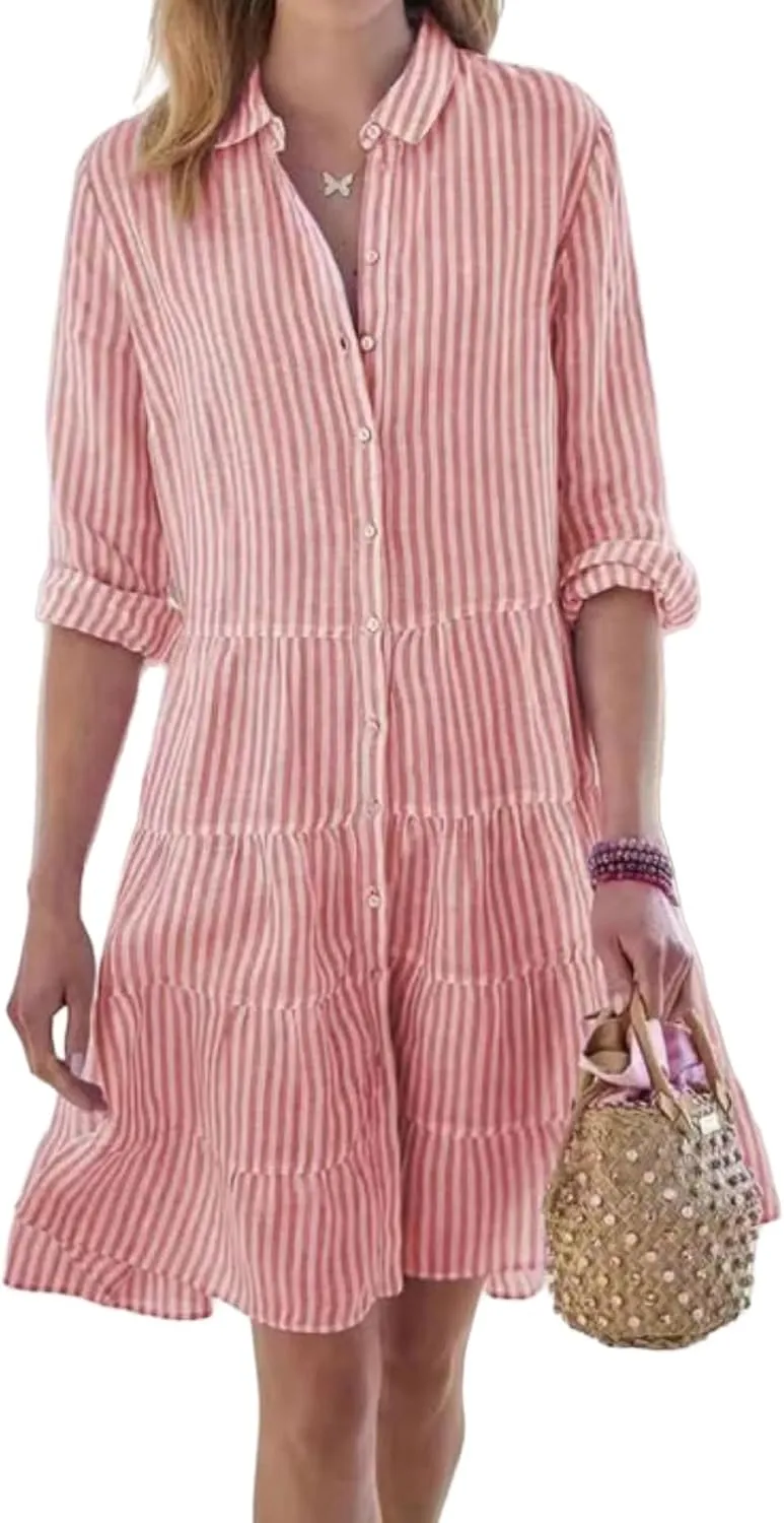 Womens Mini Dress Summer Striped Lapel Button Down Long Sleeve Dresses Casual Tummy Control A Lien Beach Sundress