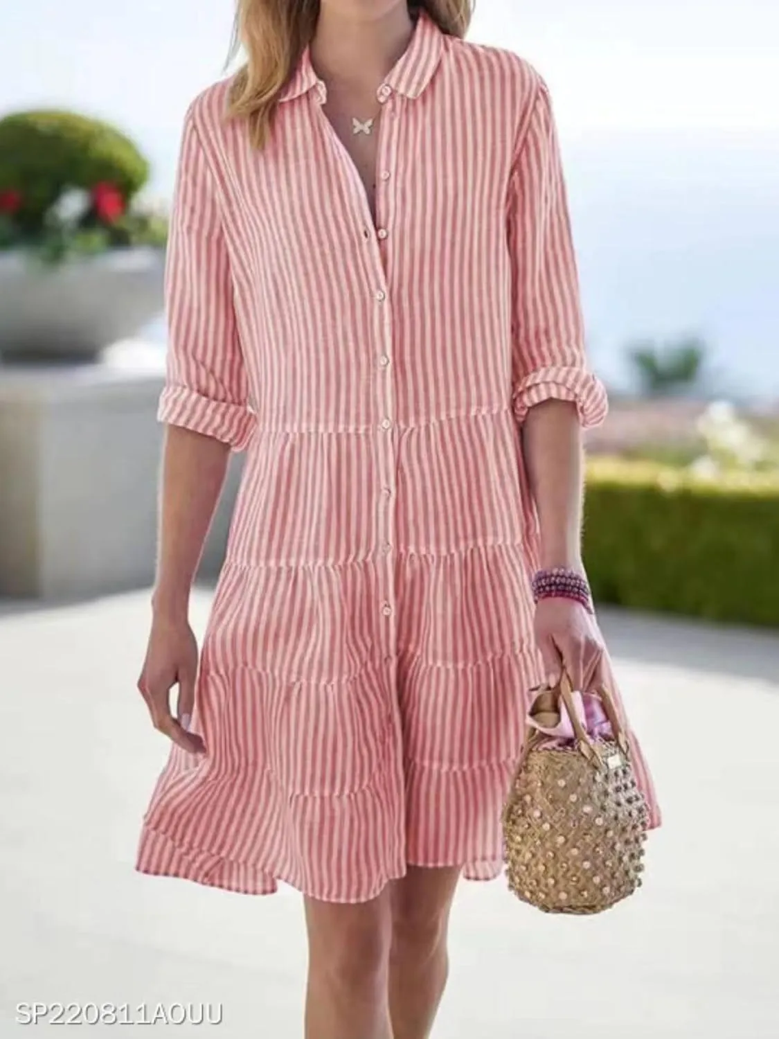 Womens Mini Dress Summer Striped Lapel Button Down Long Sleeve Dresses Casual Tummy Control A Lien Beach Sundress