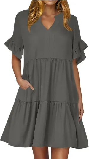 Womens Mini Ruffle Tiered Dress Short Sleeve V Neck Summer Dress Flowy A Line Sundress Beach Cover Ups with Pockets