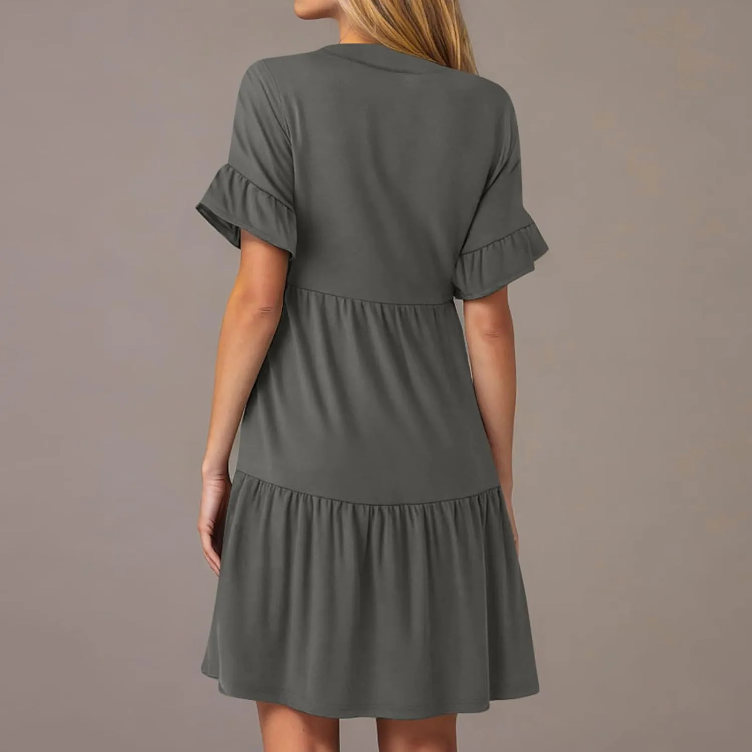 Womens Mini Ruffle Tiered Dress Short Sleeve V Neck Summer Dress Flowy A Line Sundress Beach Cover Ups with Pockets