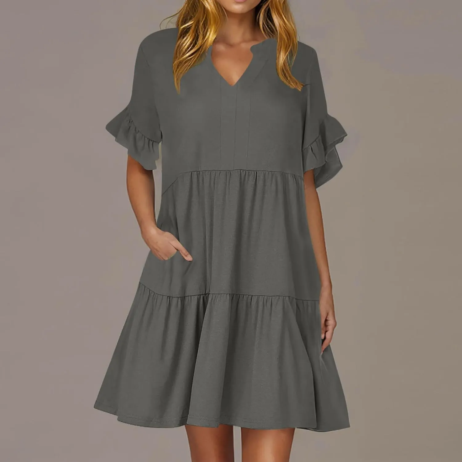 Womens Mini Ruffle Tiered Dress Short Sleeve V Neck Summer Dress Flowy A Line Sundress Beach Cover Ups with Pockets