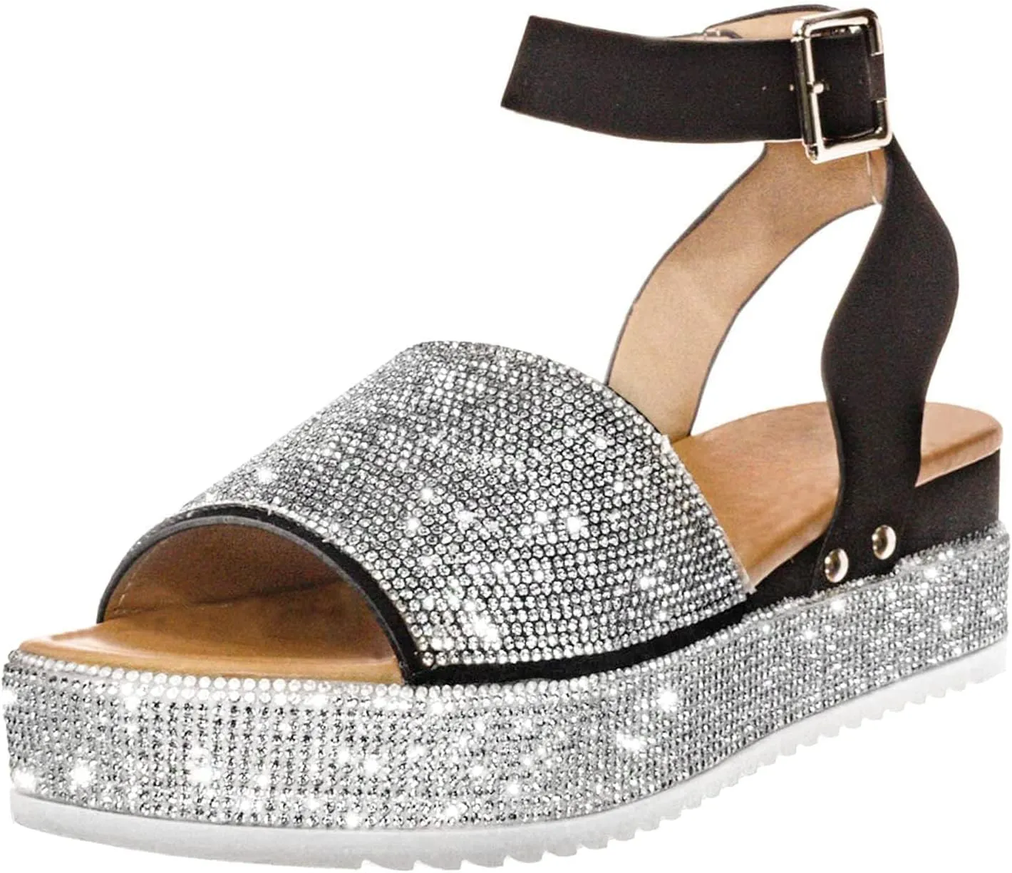 Womens Open Toe Buckle Ankle Strap Sandals Rhinestone Glitter Flatform Platform Wedges Sandals Dress Summer Casual Flat Shoes