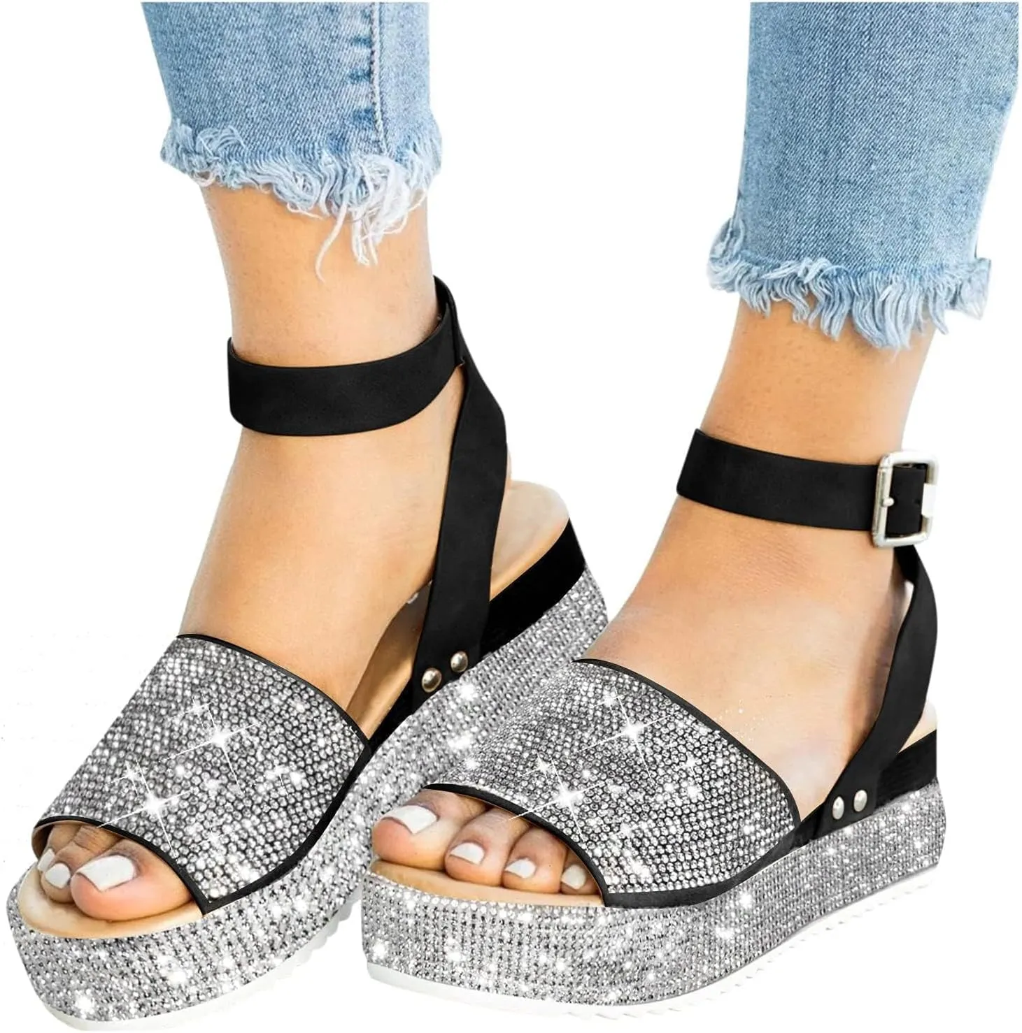 Womens Open Toe Buckle Ankle Strap Sandals Rhinestone Glitter Flatform Platform Wedges Sandals Dress Summer Casual Flat Shoes
