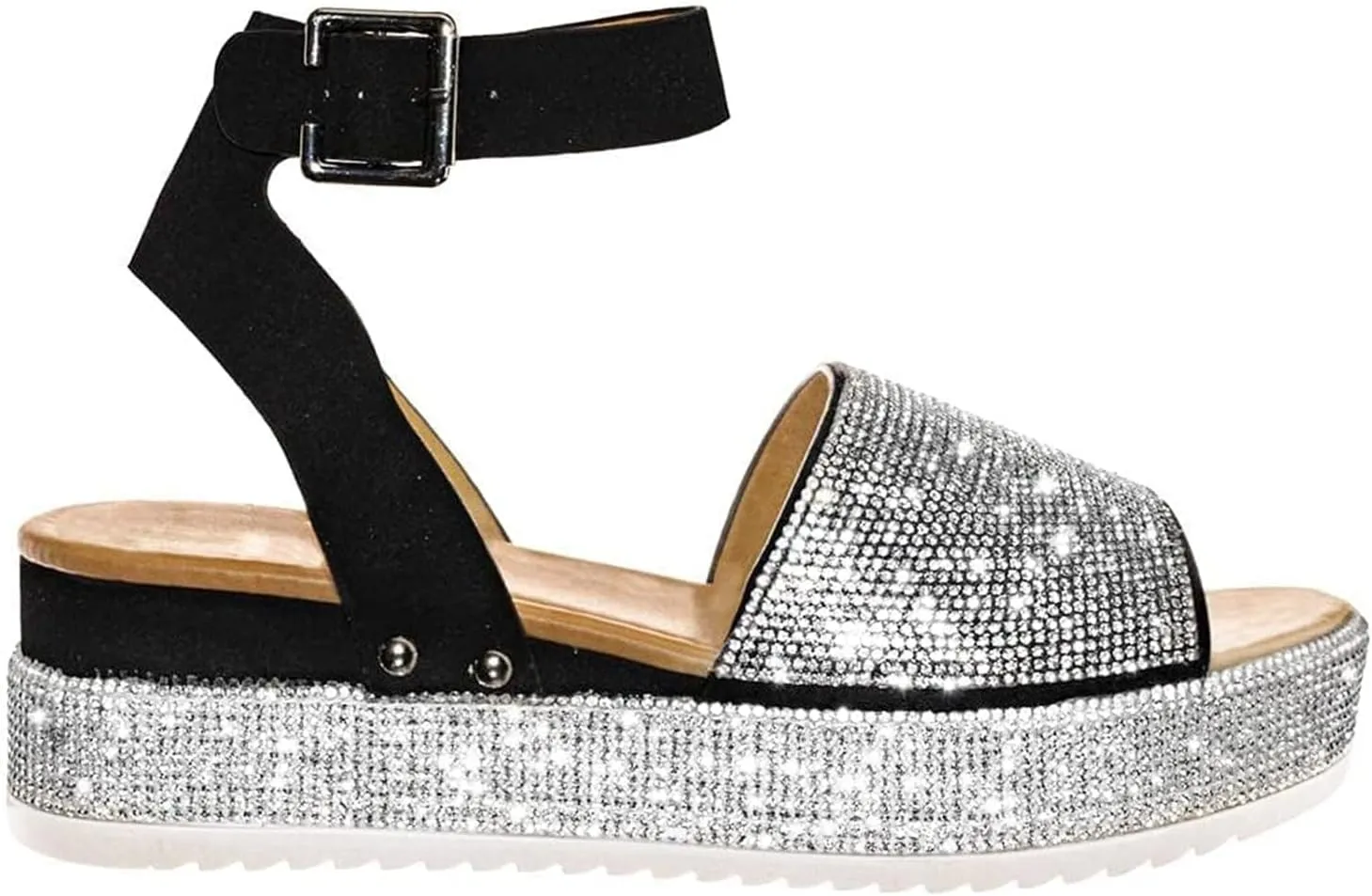 Womens Open Toe Buckle Ankle Strap Sandals Rhinestone Glitter Flatform Platform Wedges Sandals Dress Summer Casual Flat Shoes