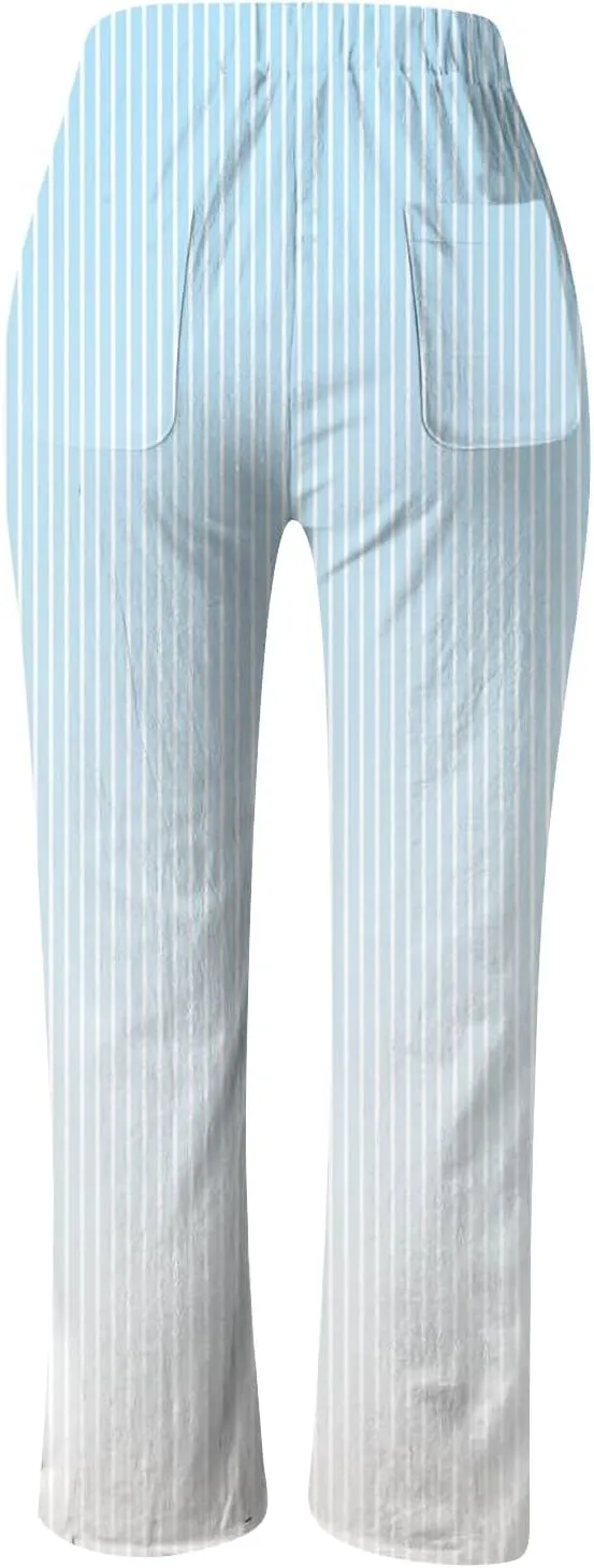Womens Pants Summer Casual Cotton Linen Striped Print Pants Plus Size High Waist Loose Fit Drawstring Trousers with Pockets