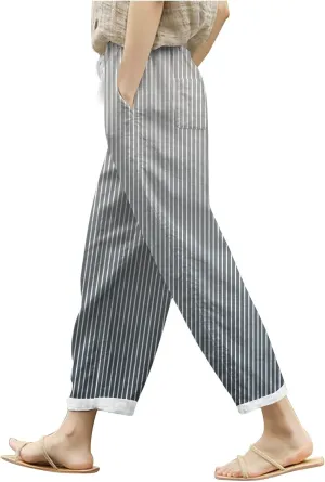 Womens Pants Summer Casual Cotton Linen Striped Print Pants Plus Size High Waist Loose Fit Drawstring Trousers with Pockets