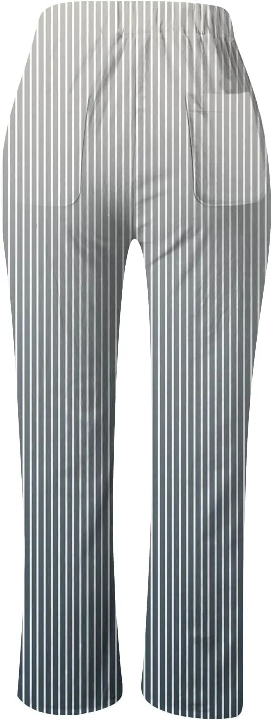 Womens Pants Summer Casual Cotton Linen Striped Print Pants Plus Size High Waist Loose Fit Drawstring Trousers with Pockets