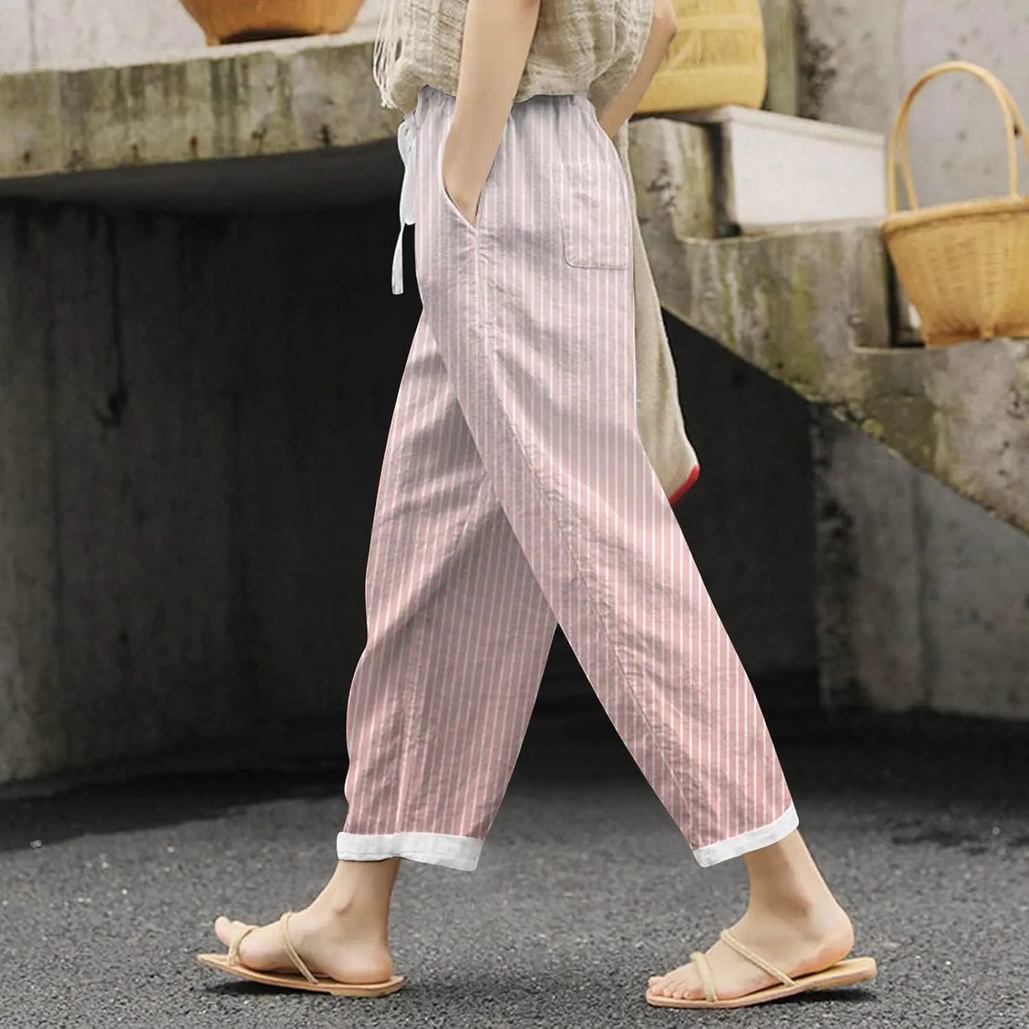 Womens Pants Summer Casual Cotton Linen Striped Print Pants Plus Size High Waist Loose Fit Drawstring Trousers with Pockets
