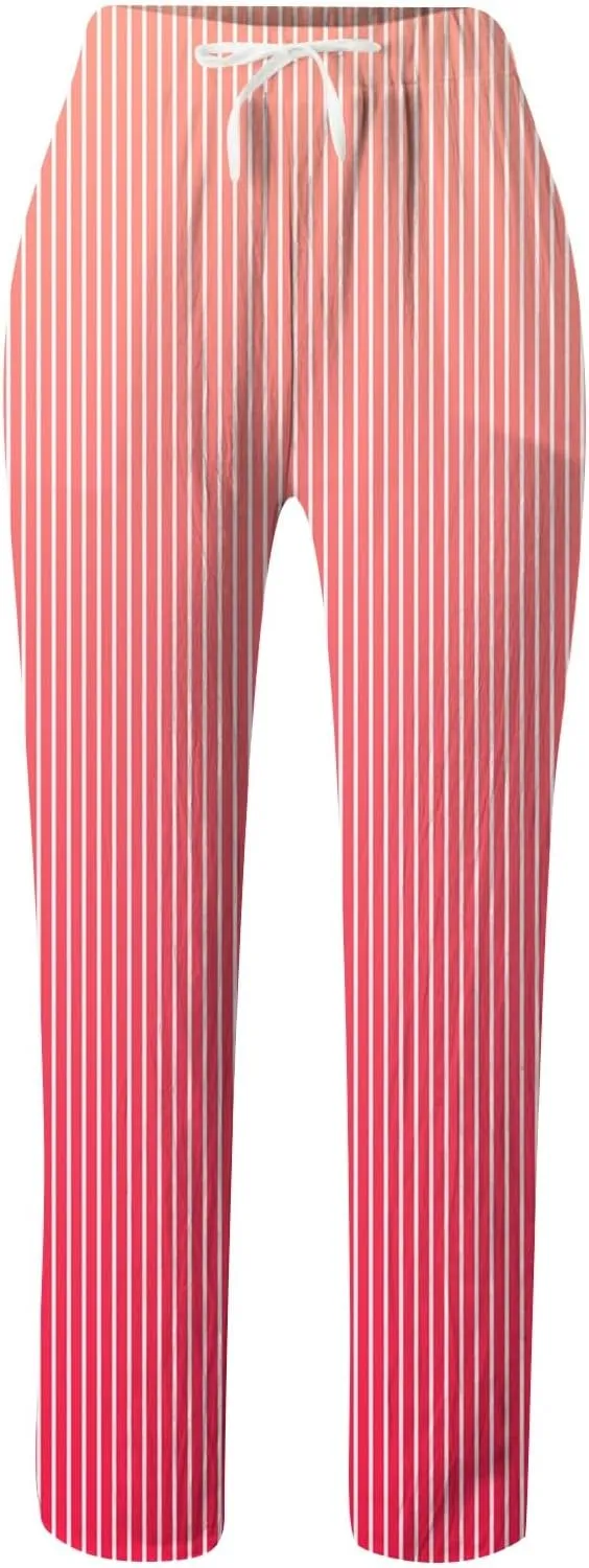 Womens Pants Summer Casual Cotton Linen Striped Print Pants Plus Size High Waist Loose Fit Drawstring Trousers with Pockets